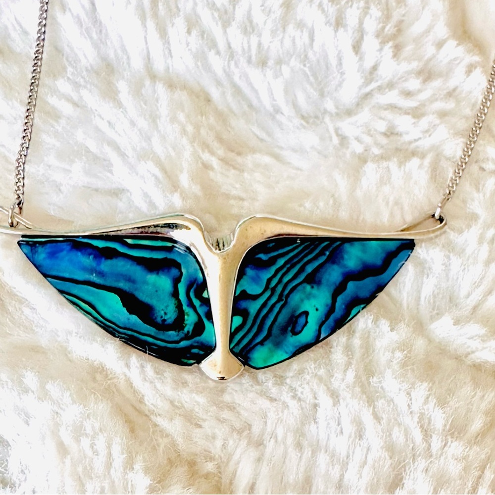 Ariki Rhodium Plated Paua Shell Wing Necklace